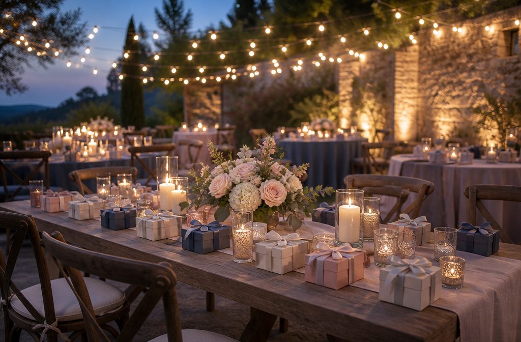 A beautifully decorated outdoor wedding reception table set for evening festivities.