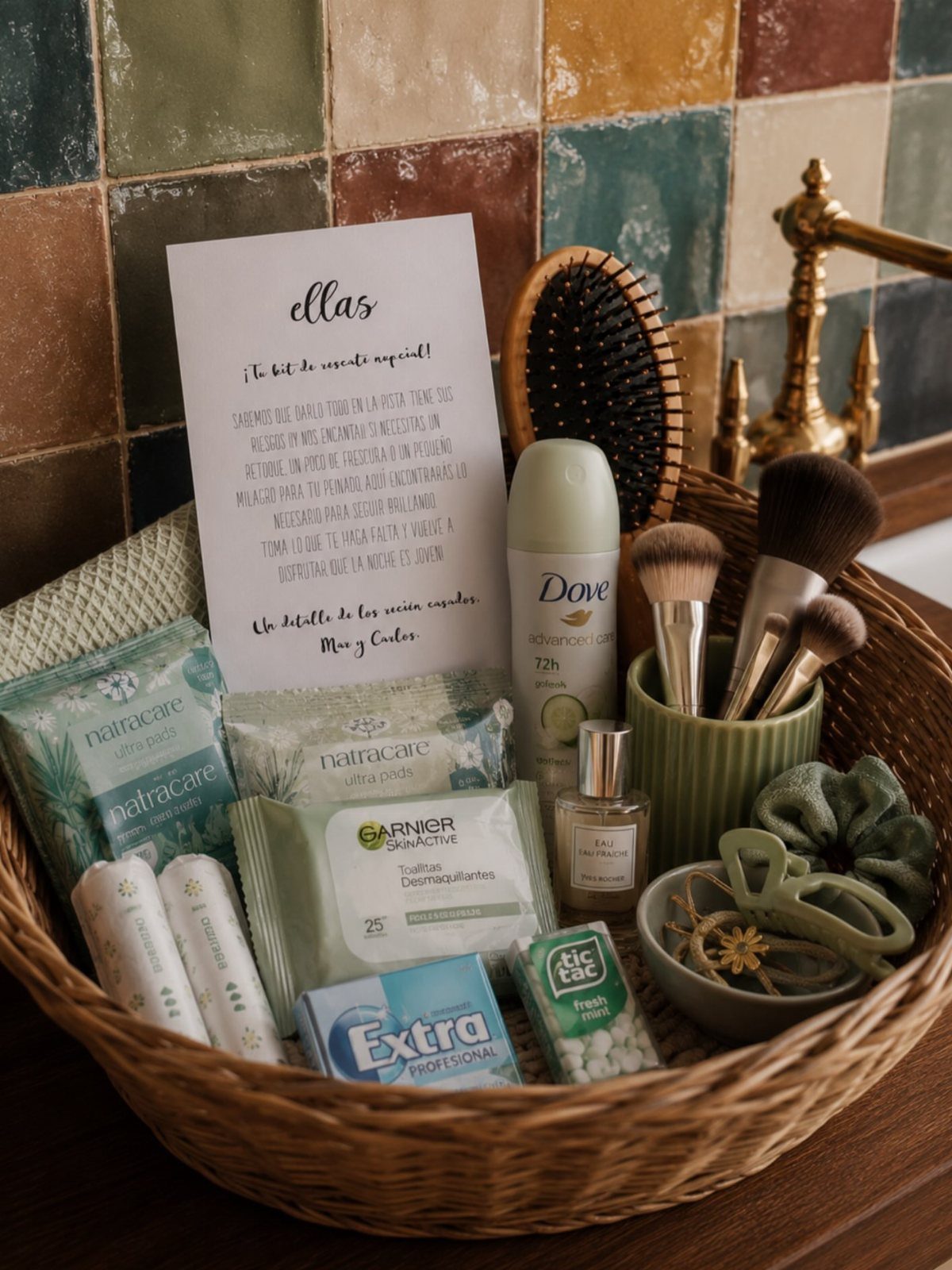 Woven wicker basket filled with various toiletries and a handwritten note for guests.