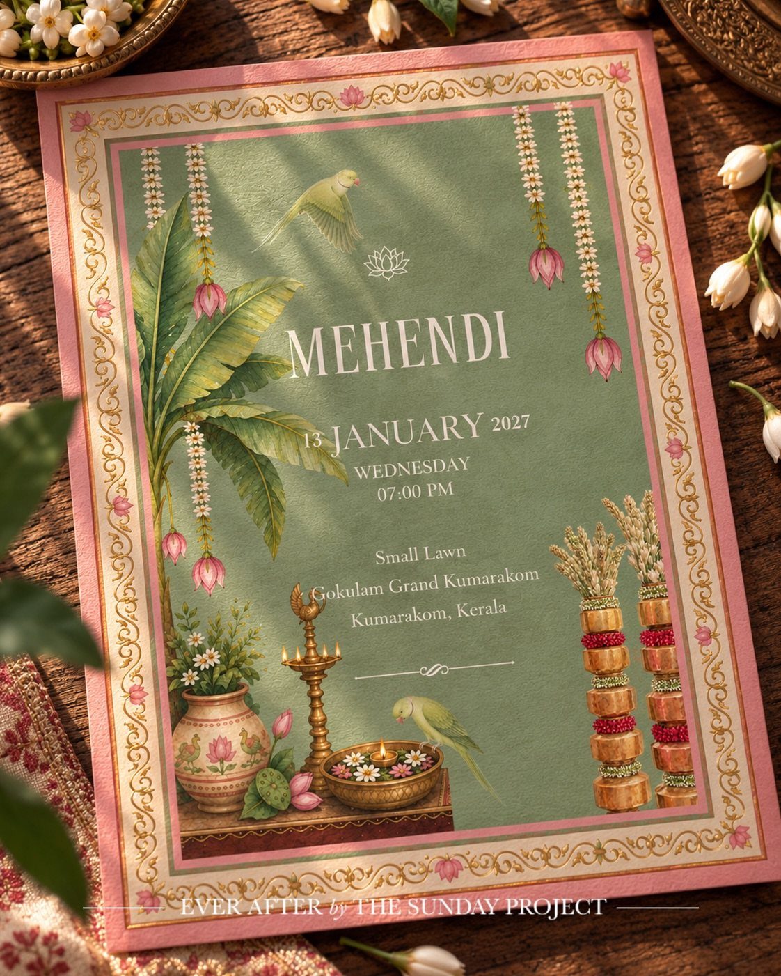 Mehendi invitation card with green background, floral illustrations, and traditional Indian elements.
