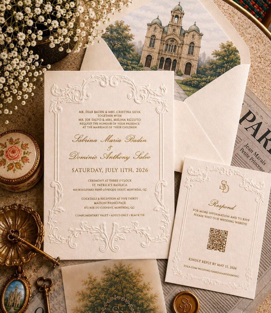 White embossed wedding invitations with a cathedral painting and gold decorative accessories.