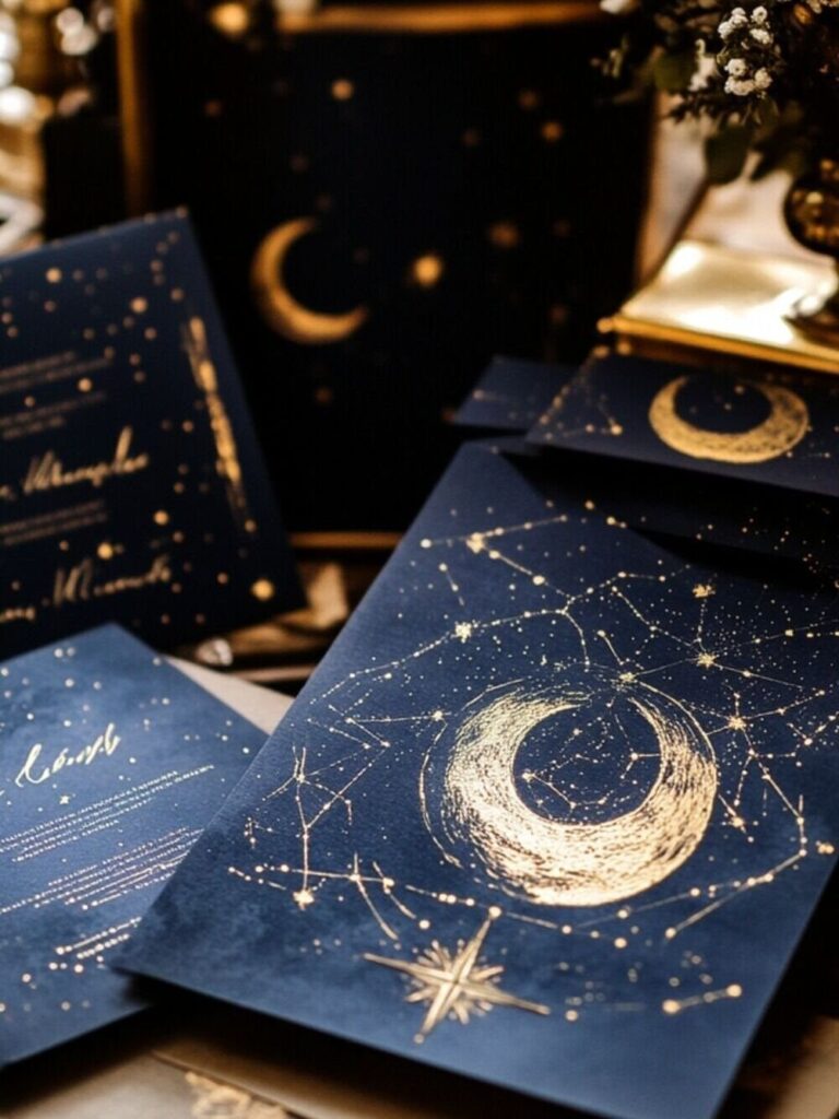 Navy blue wedding invitations with gold foil crescent moon and constellation designs.