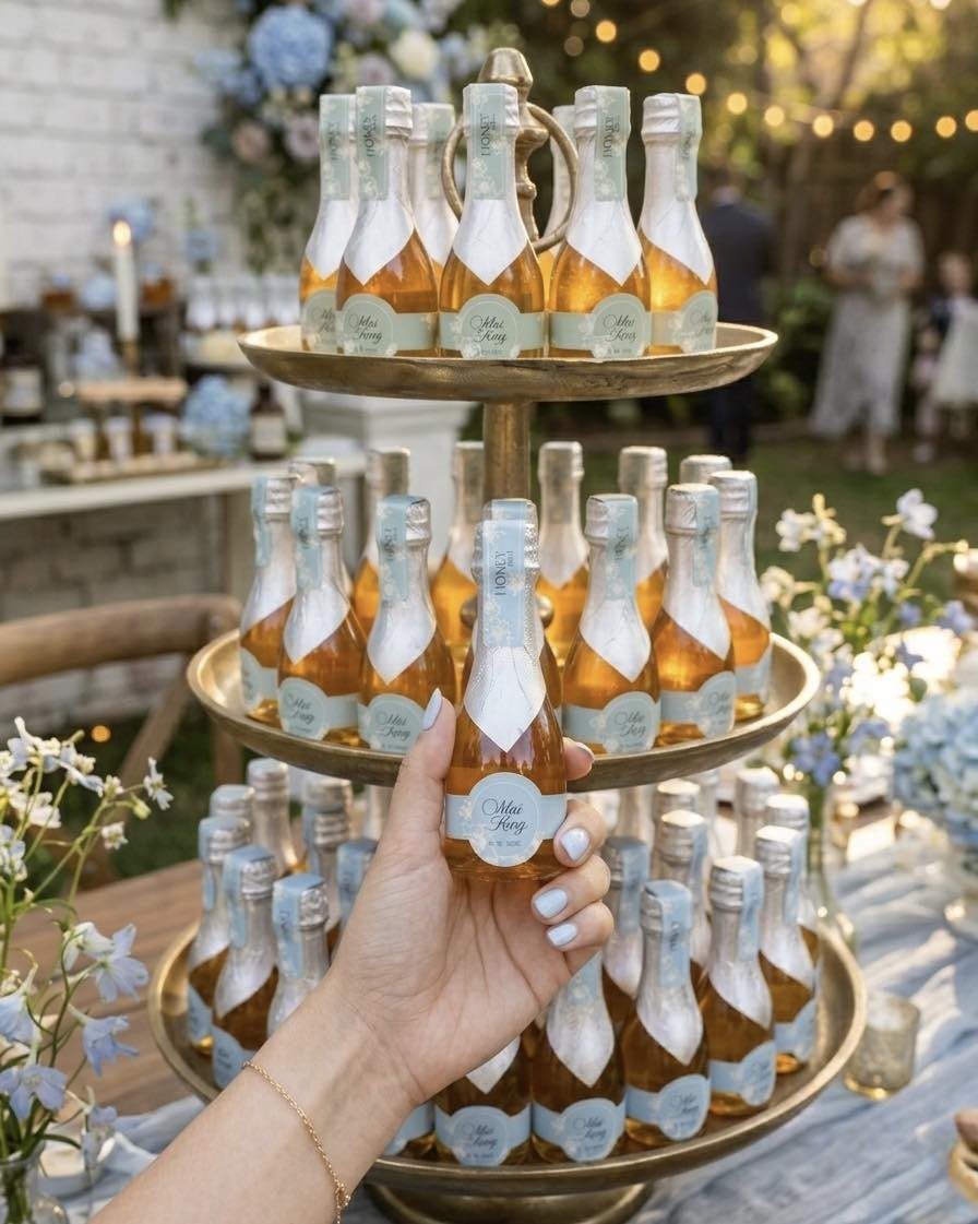 Mini champagne bottles with blue labels on a gold tiered stand at a wedding.