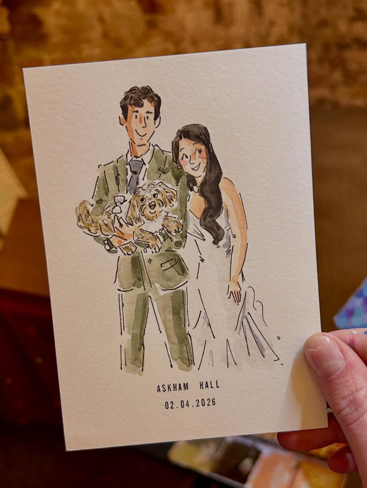 Custom illustration of a couple and dog on a wedding invitation card