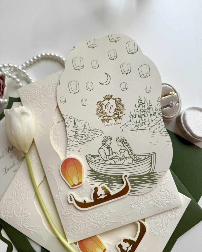 Disney Tangled wedding invitations with a boat illustration, white tulip, and pearls.