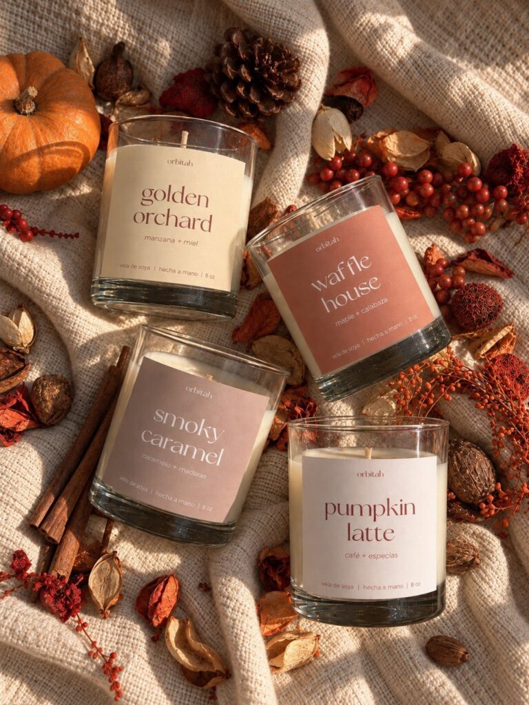 Four autumn-scented candles in glass jars surrounded by pumpkins and cinnamon sticks.
