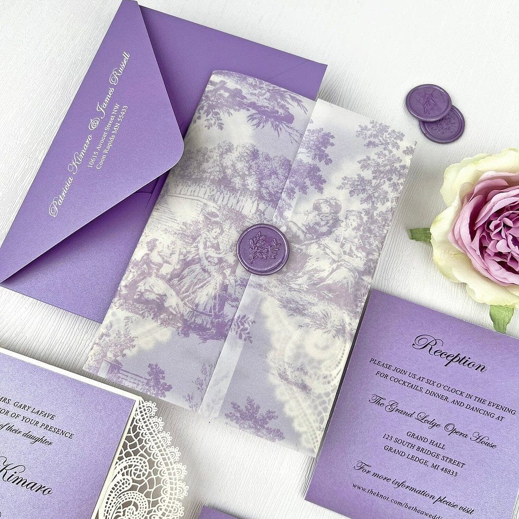 Lavender wedding invitation suite with vellum wrap, wax seal, and a purple rose.