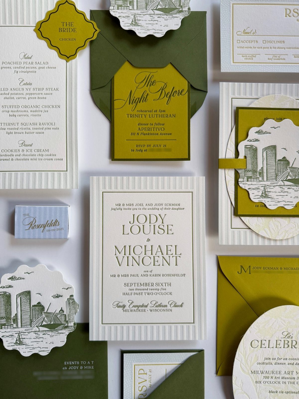 Wedding invitation suite with white textured paper, olive green envelopes, and gold cards.
