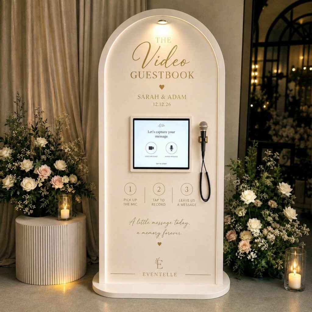 White arched video guestbook kiosk with a screen and microphone surrounded by flowers.