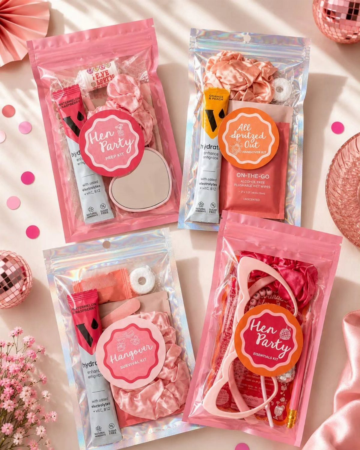 Four party favor pouches with scrunchies and recovery kits on a pink background.
