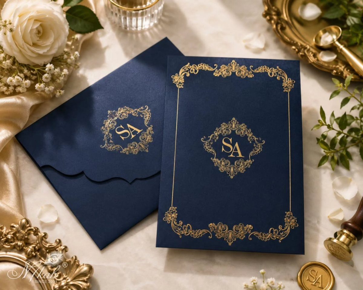 Navy blue wedding invitation with gold ornate borders and monogram beside white roses.
