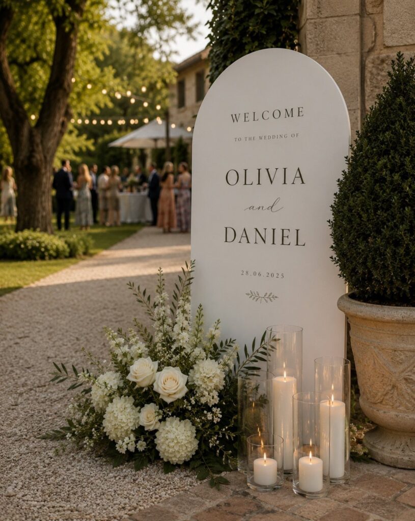 Arched white wedding welcome sign with white flowers and lit pillar candles.