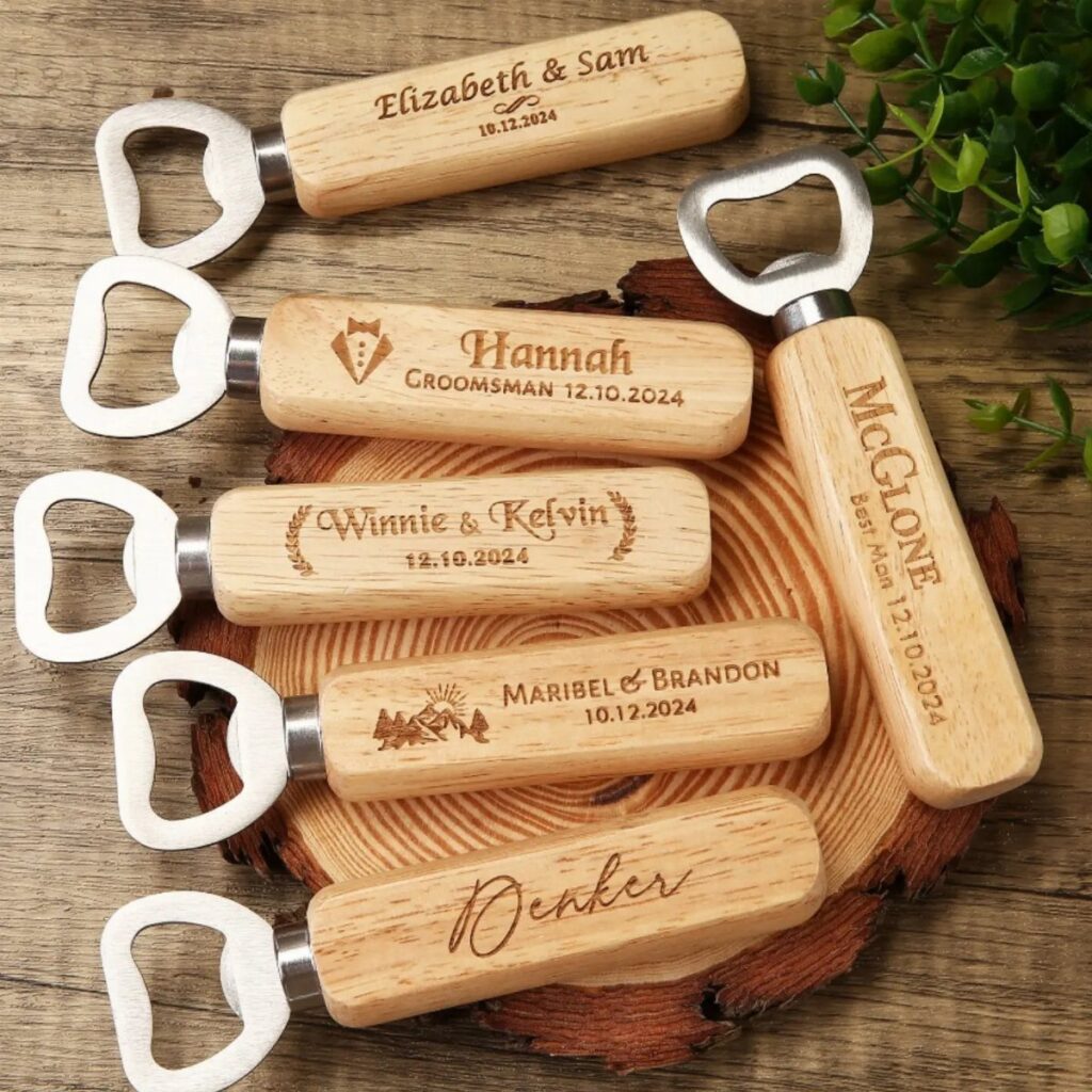 Personalized wooden bottle openers with engraved names and dates on a rustic wood slice.
