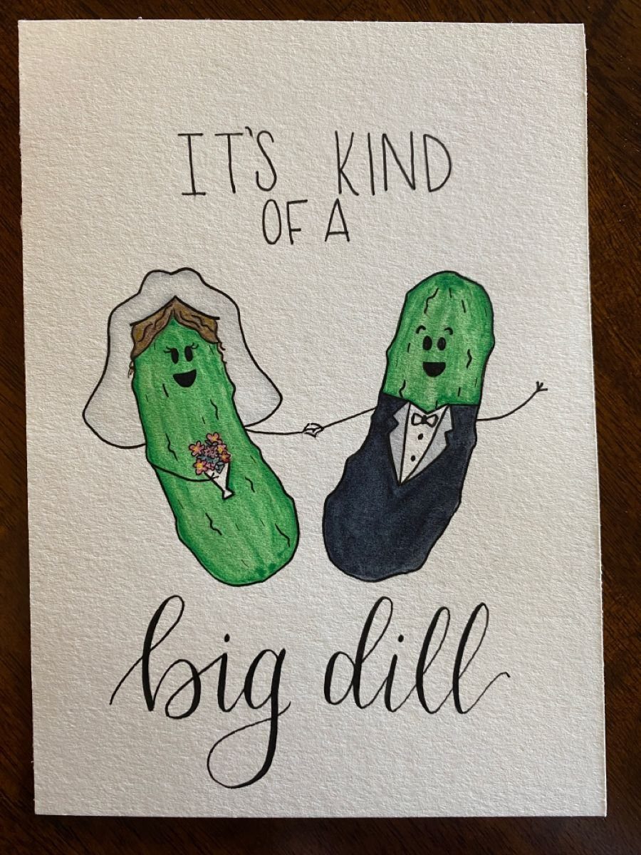 Wedding card with two pickles dressed as bride and groom and punny text.