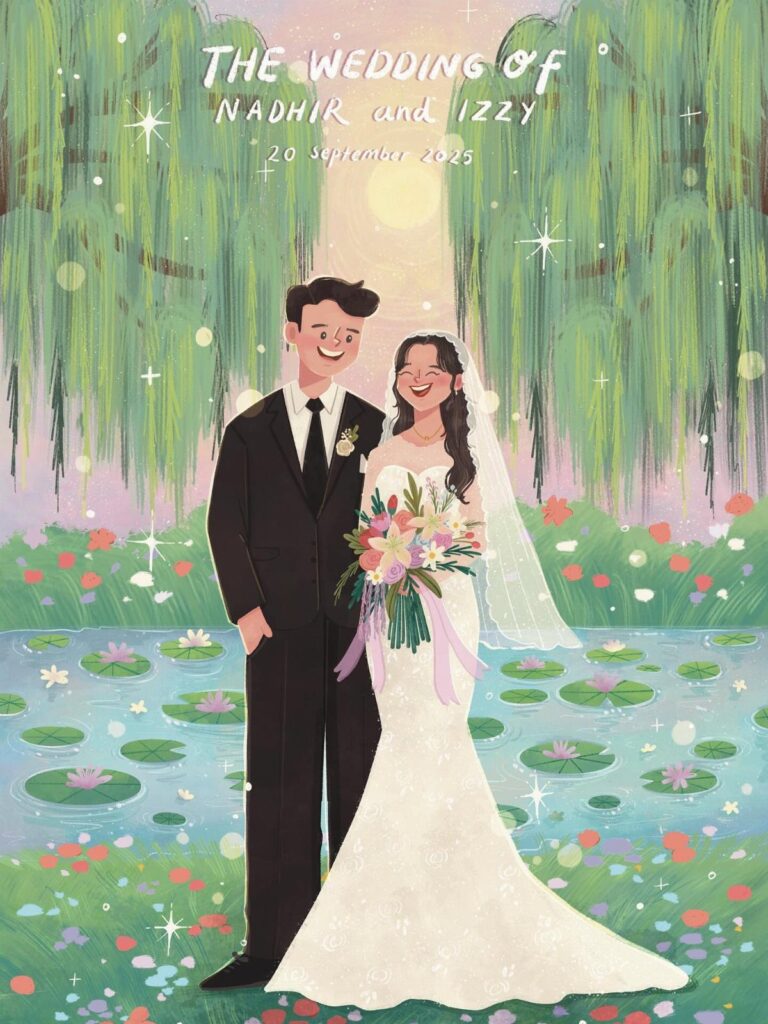 Illustrated wedding invitation featuring a couple standing by a pond under willow trees.