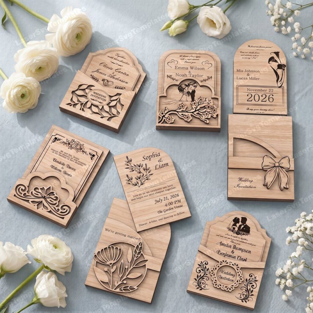 Laser-cut wooden wedding invitations with engraved text and floral carvings among white flowers.