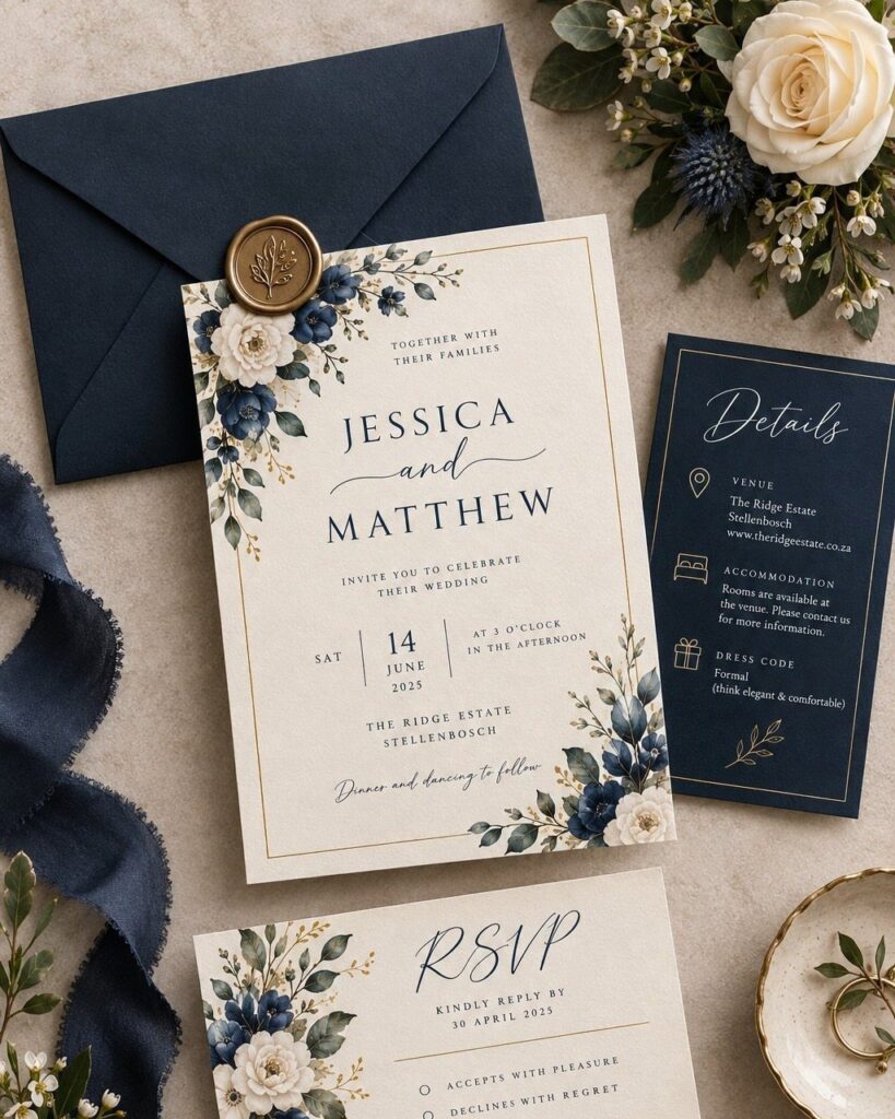 Wedding invitation suite with navy and cream floral designs, RSVP card, and envelope.