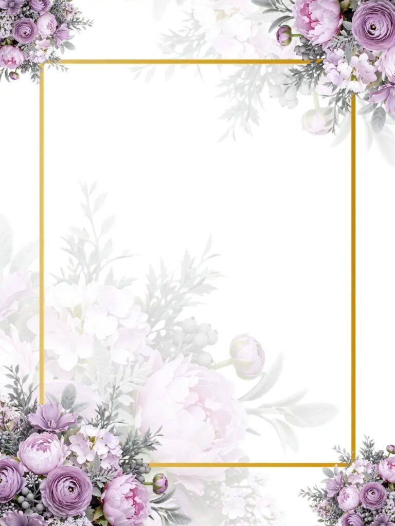 Pink and purple floral arrangements framing a gold rectangle on a white background.