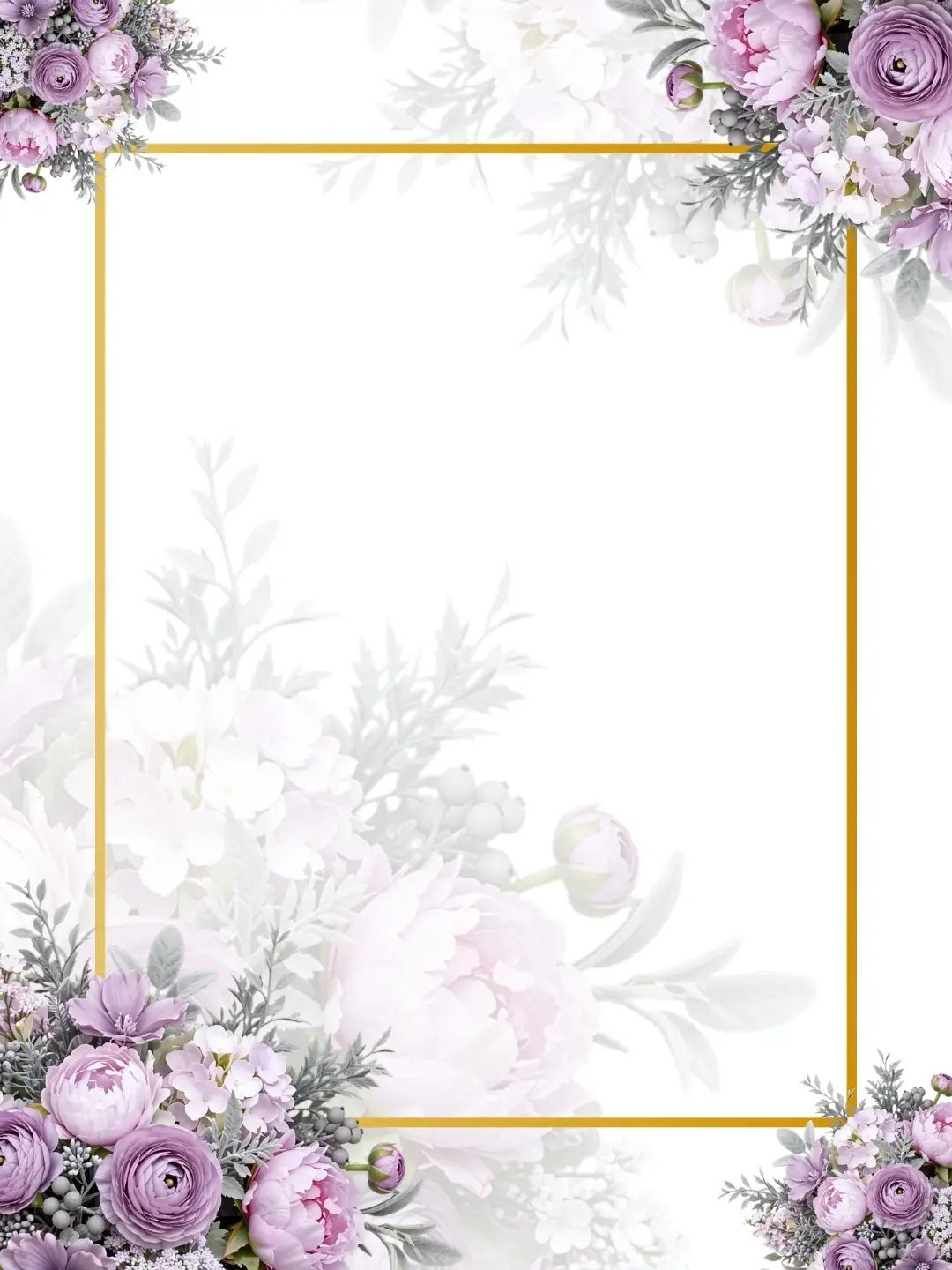 Pink and purple floral arrangements framing a gold rectangle on a white background.