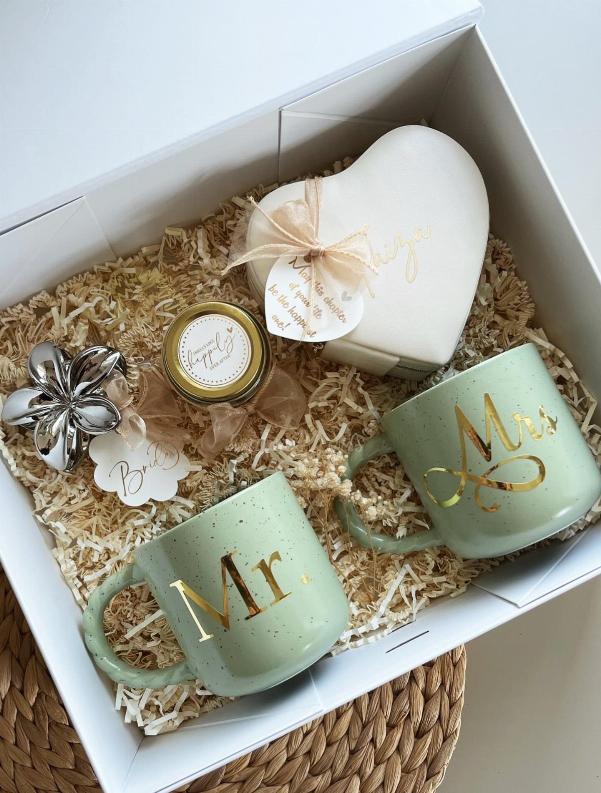 Gift box with Mr and Mrs mugs, heart candle, and silver flower ornament