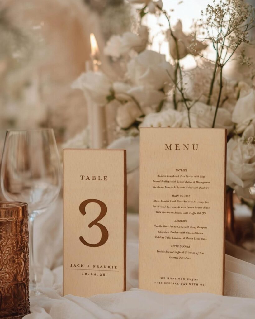 Wooden table number and menu signs on a wedding table with white flowers.