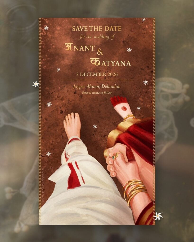 Save the Date card featuring an illustration of traditional Indian wedding feet and hands.
