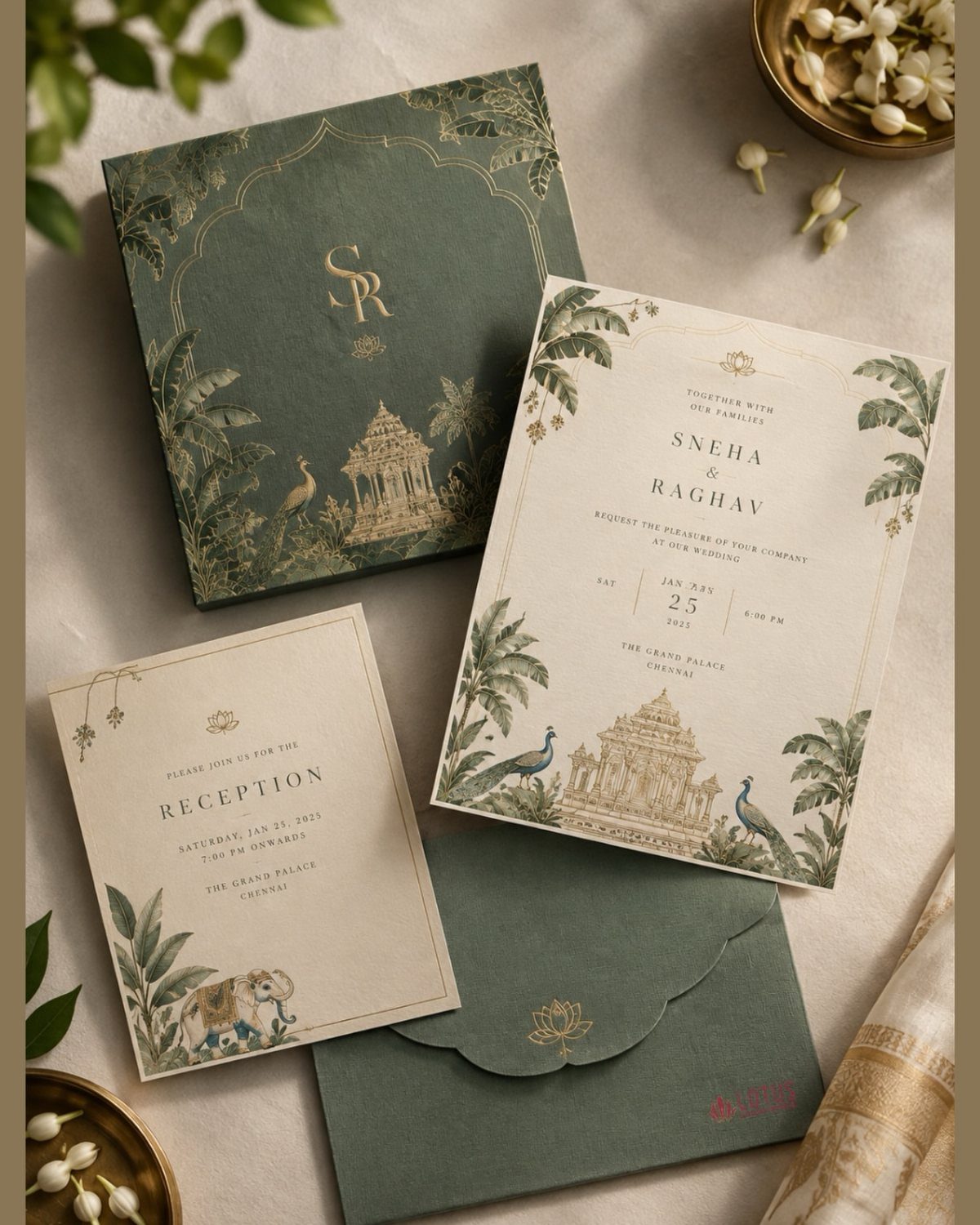 Wedding invitation suite with dark green envelopes and cream cards featuring gold calligraphy.