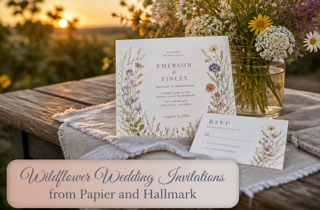 Various wildflower-themed wedding invitations displayed together.